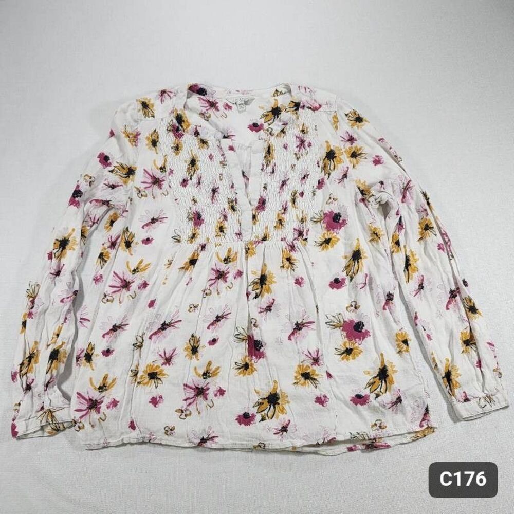 Lucky Brand Bohemian Blouse Size M White/Pink/Yellow Floral Pattern Women's
